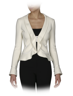 Cotton Knit Jacket with Ruffle and Satin Trim
Style A2209M\A255M
Shawl collar
Long sleeves
Satin piping details at bodice and cuff
Three button closures at front
welt pockets with button closure :  celebrities fall winter women bags